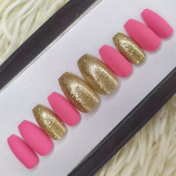 Matte Pink with Gold Shimmer Press on Nails Set//  217