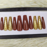 Glossy Brown with Golden Glitter Press on Nails Set 226
