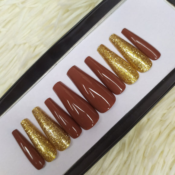 Glossy Brown with Golden Glitter Press on Nails Set 226