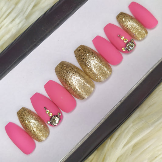 Matte Pink glitter Press on Nails Set // 224