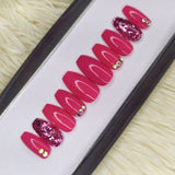 Pink Glossy with Glitter and Rhinestones Press on Nails Set // 236