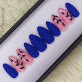 Matte blue rhinestones floral Press on Nails Set 257