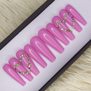 Light Pink Glossy rhinestones heart Press on Nails Set (MA07) //251