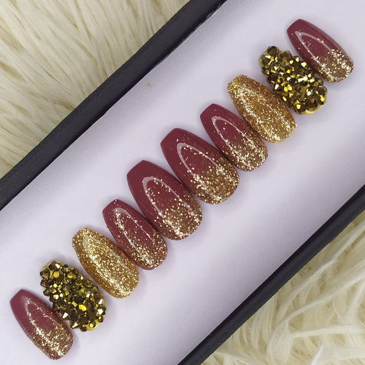 Glossy Pink with Glitter and Rhinestones Press on Nails Set // 248