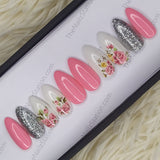 Glossy Light Pink Floral Silver Glitter Press on Nails Set // 338