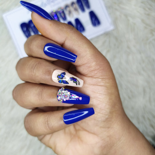 Glossy Blue Butterfly rhinestones Press on Nails Set // 435
