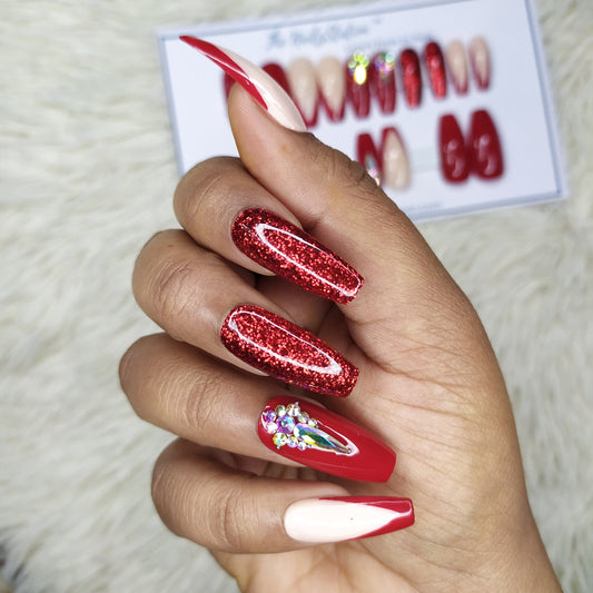 Glossy Red French Glitter Rhinestones Press on Nails Set 