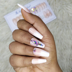Glossy Nude French Ombre Rhinestones Press on Nails Set in Medium Ballerina (RTS) // 432