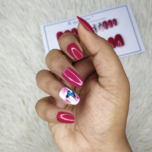 Dark Pink Floral Press on Nails Set // 384