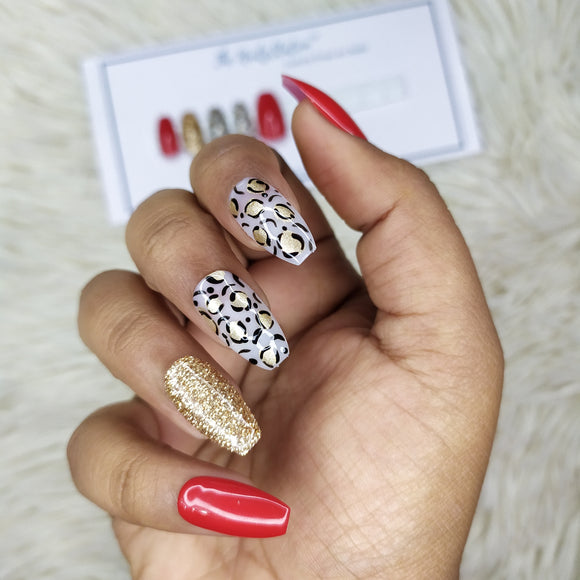Glossy Red and White Animal Print Glitter Press on Nails // 407