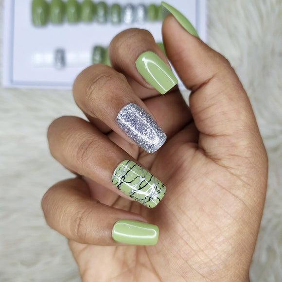 Light Green Marble with Silver Glitter Press on Nails // 116