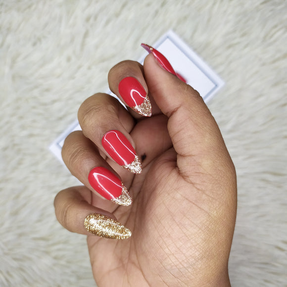 Glossy Red with golden French Press on Nails Set //382