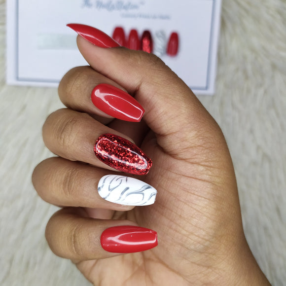 Glossy Red with marble and glitter Press on Nails Set // 406