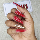 Glossy Red with Golden glitter Press on Nails Set // 375