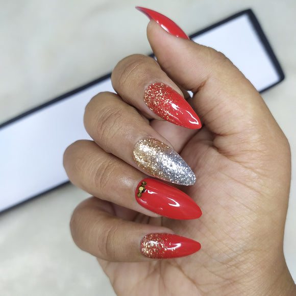 Glossy Red with Silver and Golden Glitter rhinestones Press on Nails Set //395