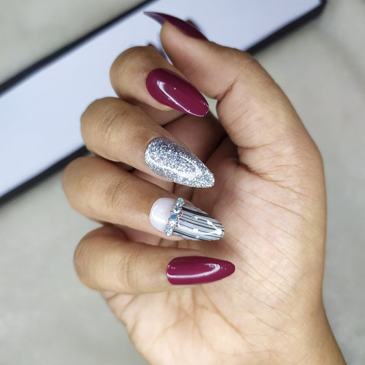 Glossy Plum Glitter Rhinestones Press on Nails Set // 485