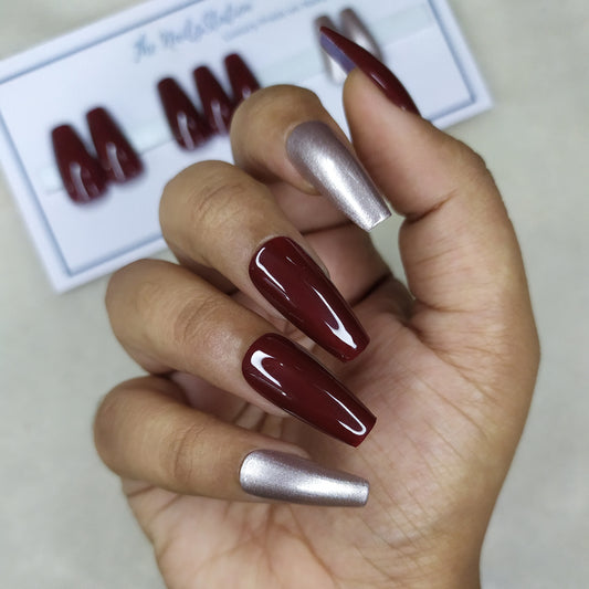 Glossy Dark Maroon Rose Gold Press on Nails Set // 483
