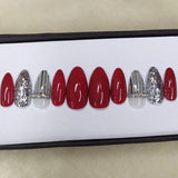 Glossy Red Glitter Rhinestones Press on Nails Set // 484