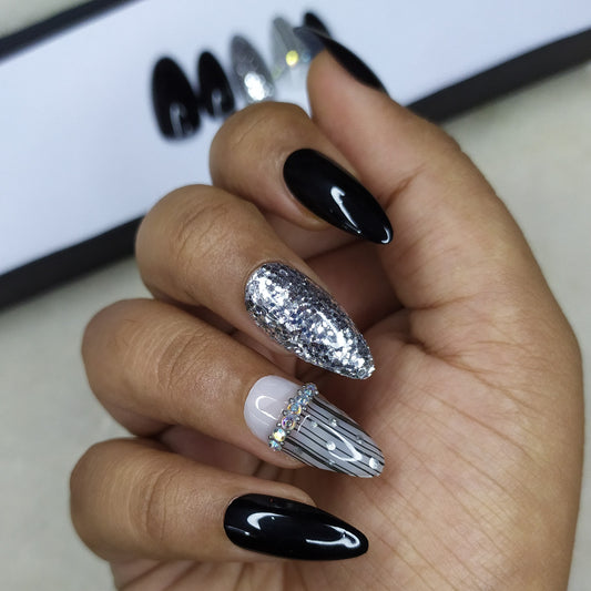 Glossy Black Glitter Rhinestones Press on Nails Set // 486