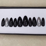 Glossy Black with Silver glitter Press on Nails Set // 499