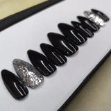 Glossy Black with Silver glitter Press on Nails Set // 499