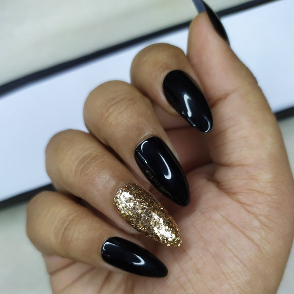 Glossy Black with Golden glitter Press on Nails Set // 488