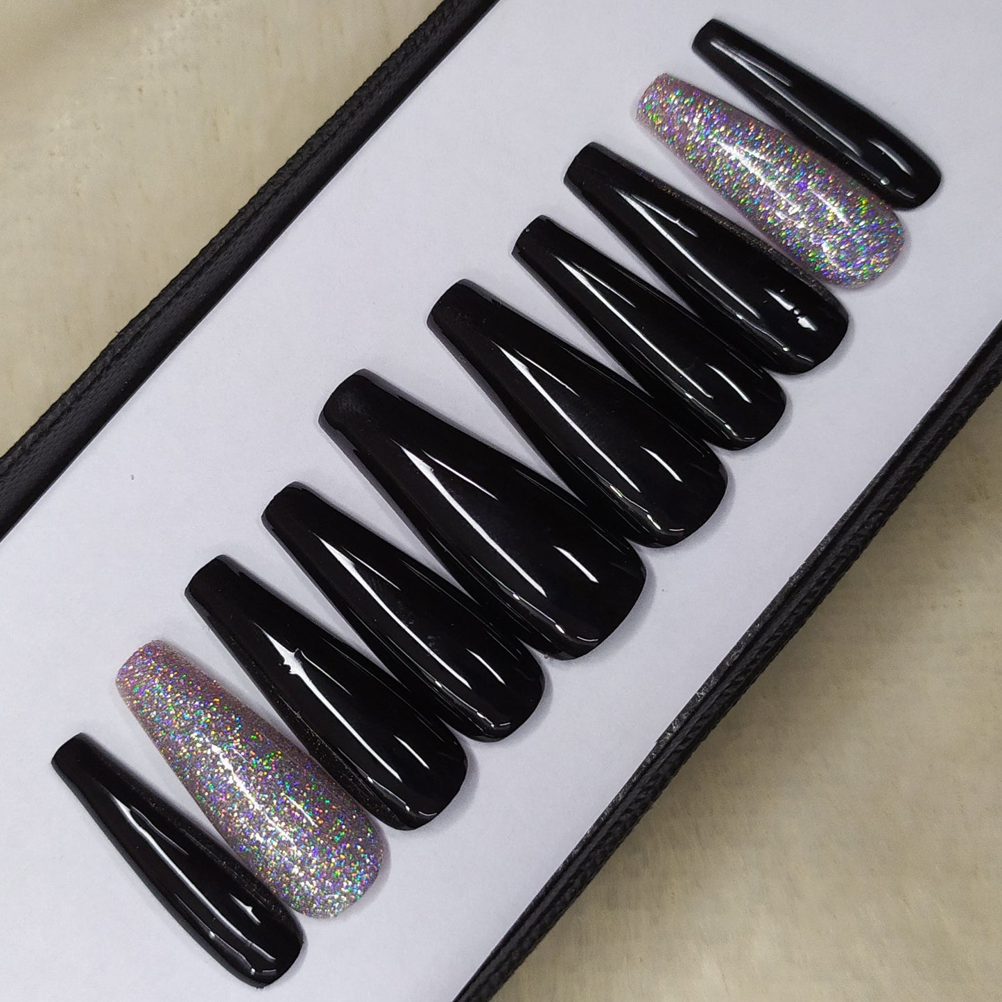 Glossy Black Holographic Glitter Press on Nails Set//489