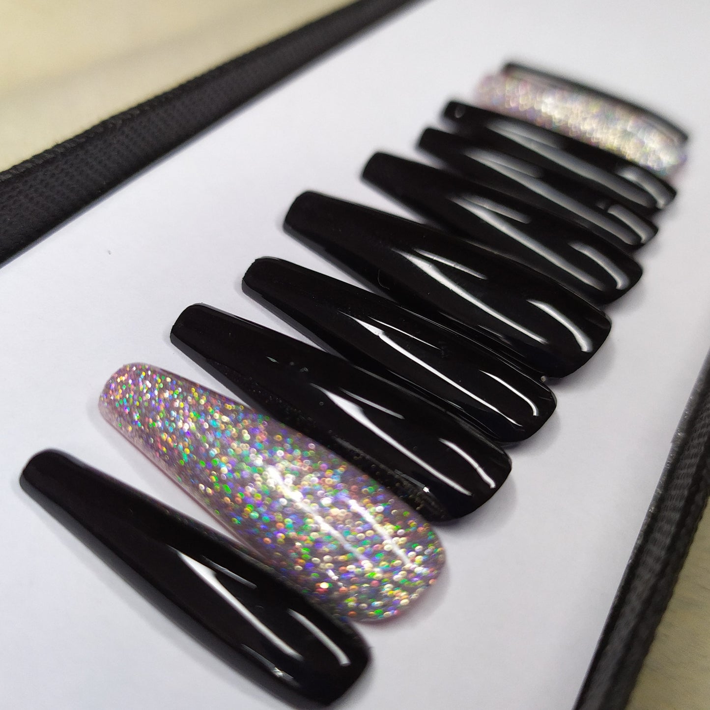 Glossy Black Holographic Glitter Press on Nails Set//489