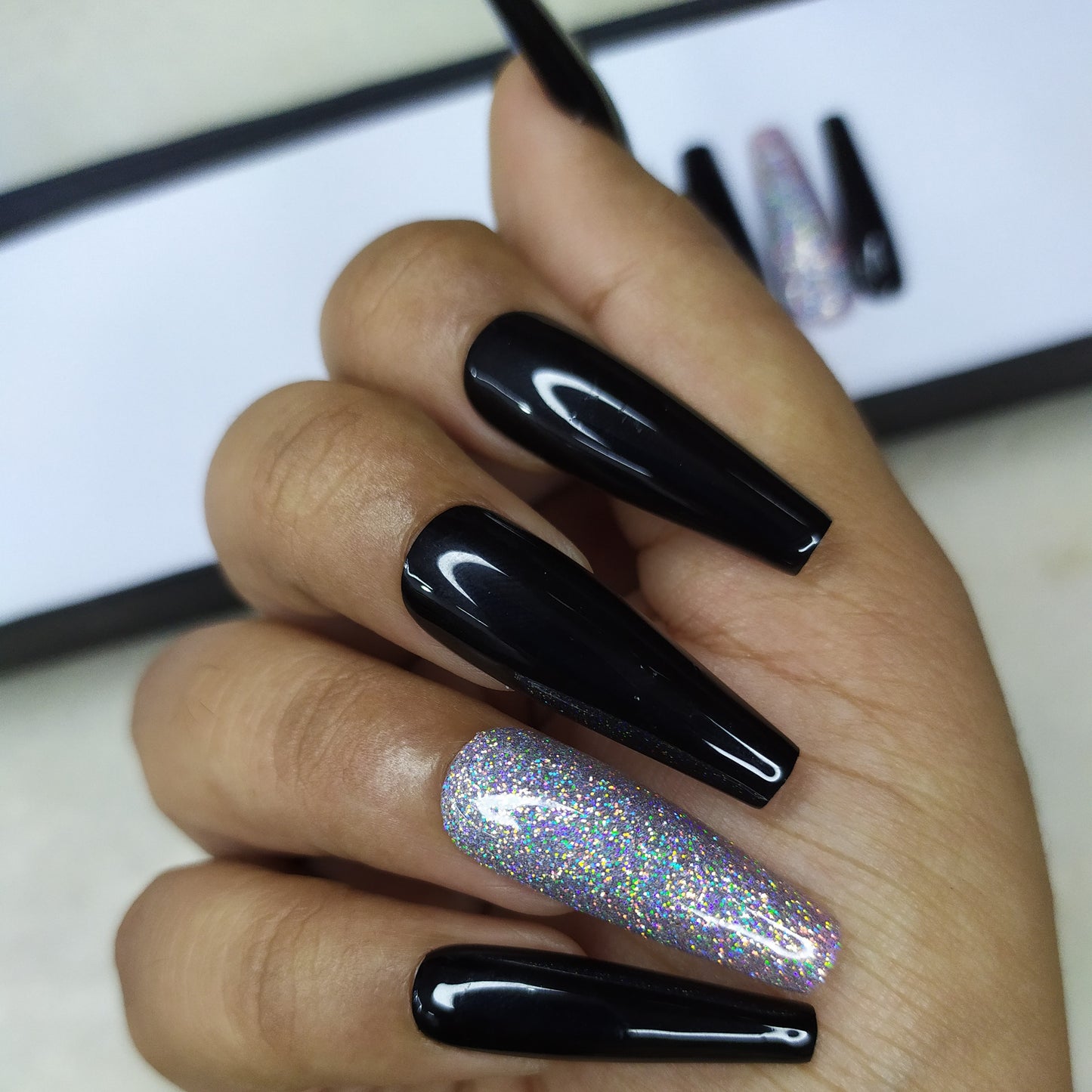 Glossy Black Holographic Glitter Press on Nails Set//489