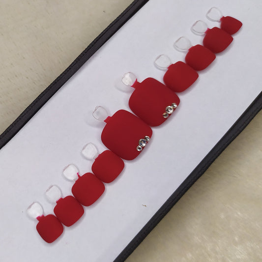 Matte Red Rhinestones Press on Nails Set // 532
