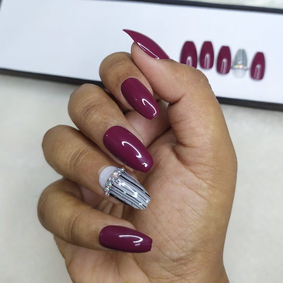 Glossy purple with rhinestones Press on Nails // 140