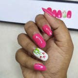 Glossy Pink Floral Accent Press on Nails Set  // 158