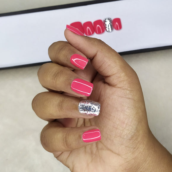 Glossy Pink with Silver Glitter Press on Nails Set // 533