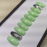 Glossy Pastel Green Silver Glitter Press on Nails Set // 535