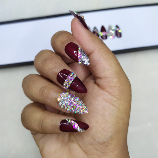 Glossy Dark Maroon Rhinestones Press on Nails Set