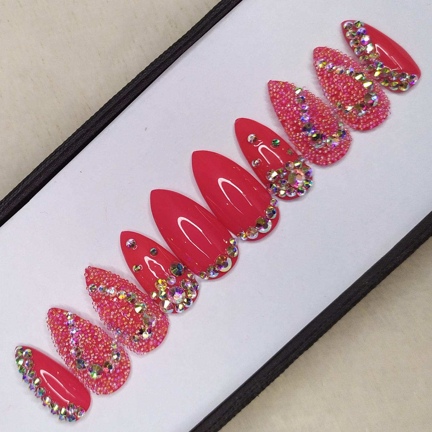 Glossy Pink Rhinestones Press on Nails Set // 515