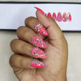 Glossy Pink Rhinestones Press on Nails Set // 515