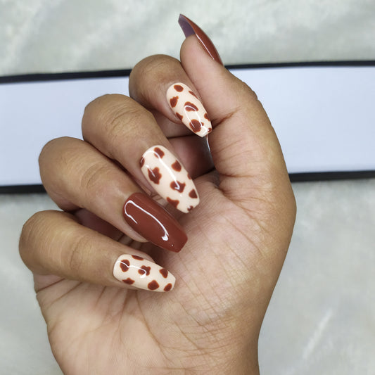 Glossy Brown Cow Print Press on Nails Set // 543