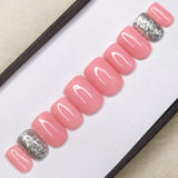 Glossy Light Pink Silver Glitter Press on Nails Set // 545