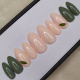 Glossy Light Pink Green Leaves Press on Nails Set // 549