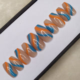 Glossy Blue & Orange Swirls Print Press on Nails // 583