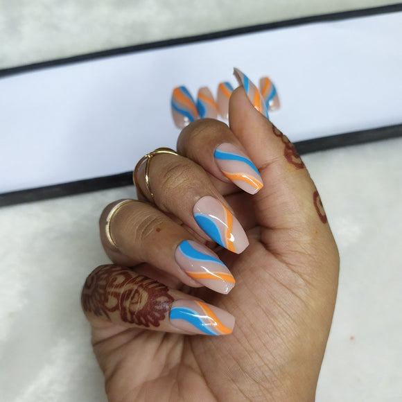 Glossy Blue & Orange Swirls Print Press on Nails // 583