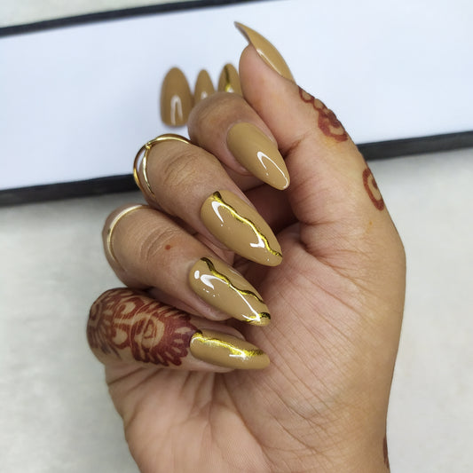 Glossy Brown Metallic Swirls Print Press on Nails / Fake Nails / Artificial Nails Set // 582