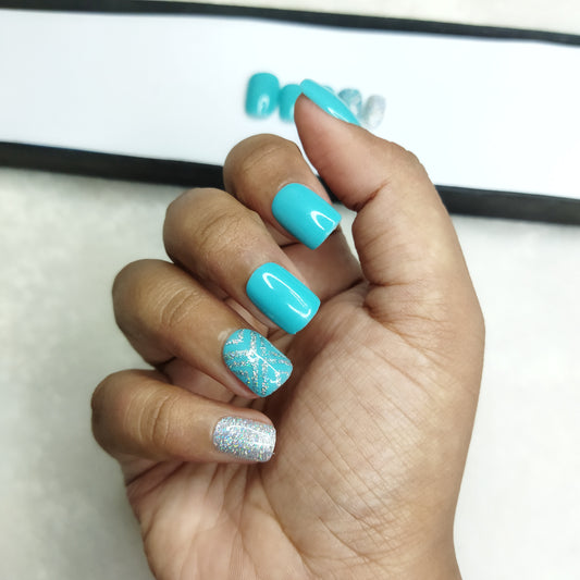 Glossy Light Blue Glitter Mesh Press on Nails Set // 580