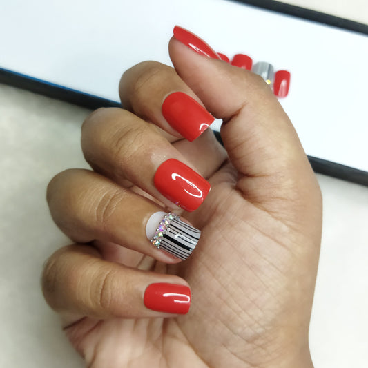 Glossy Red with Rhinestones Accent Press on Nails Set // 154