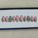 Lux Collection : Glossy Peach Marble Rhinestones Press on Nails Set // 555