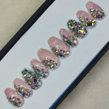 Lux Collection : Glossy Peach Marble Rhinestones Press on Nails Set // 555