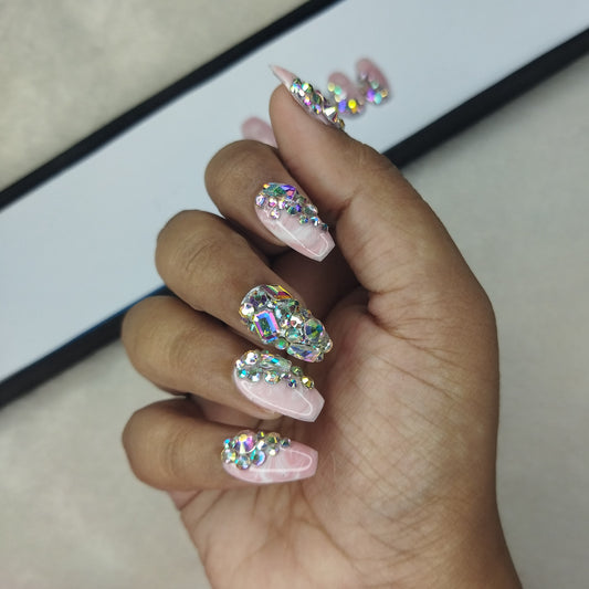 Lux Collection : Glossy Peach Marble Rhinestones Press on Nails Set // 555