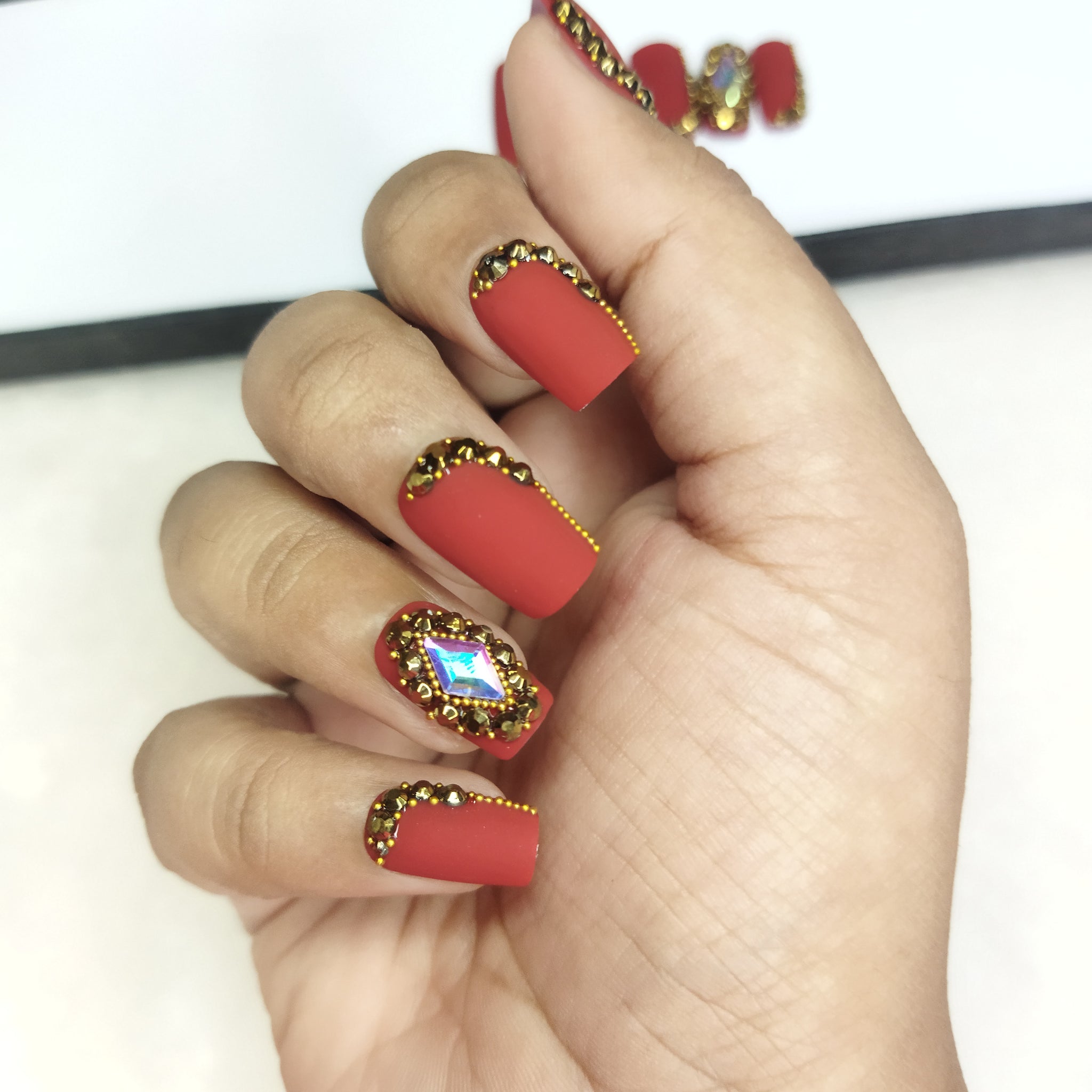 Rajasthan Dreams Red and Gold Indian Wedding Press on Nails Indian Bridal  Makeup Nails Mehndi Henna Nails Red Bejeweled Nails - Etsy