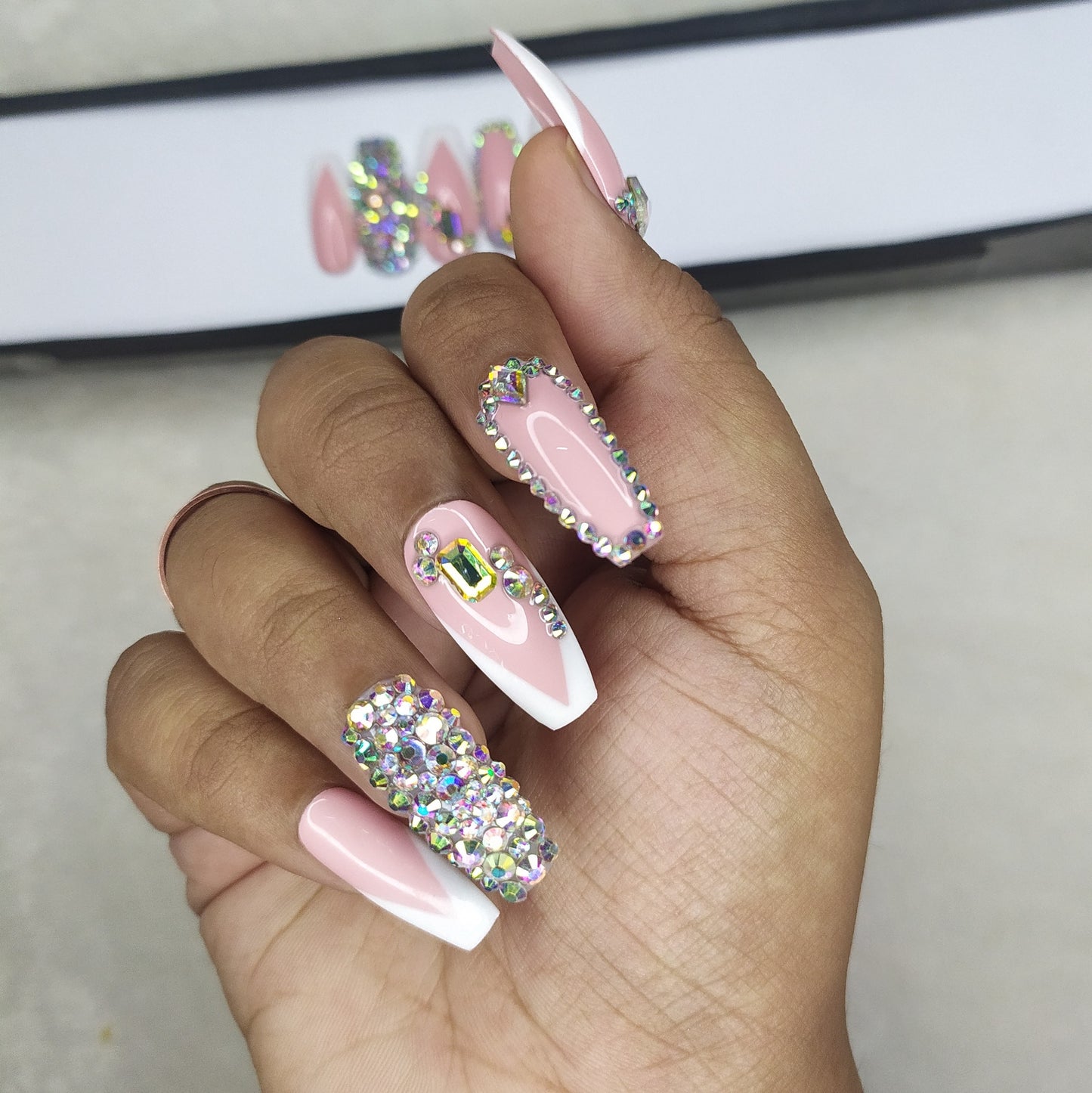 Lux Collection : Glossy Pink French Studded Press on Nails Set // 559